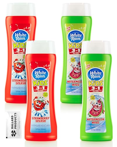 Ballard Products White Rain Kids Tear Free Soap Variety Pack of 4 - Kids 3 in 1 Shampoo Conditioner and Body Wash with 2 Scents - Watermelon Wave, Strawberry Splash - Bundle Towelette
