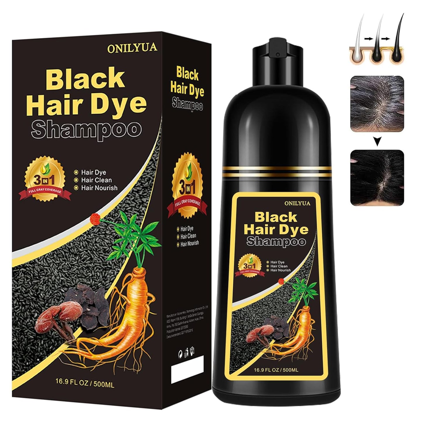 Instant Black Hair Shampoo Hair Color Shampoo for Gray Hair,Natural Black Hair Dye Shampoo 3 in 1 for Men & Women,Long Lasting Black Hair Dye,Black Shampoo Easy to Use at Home(Black)