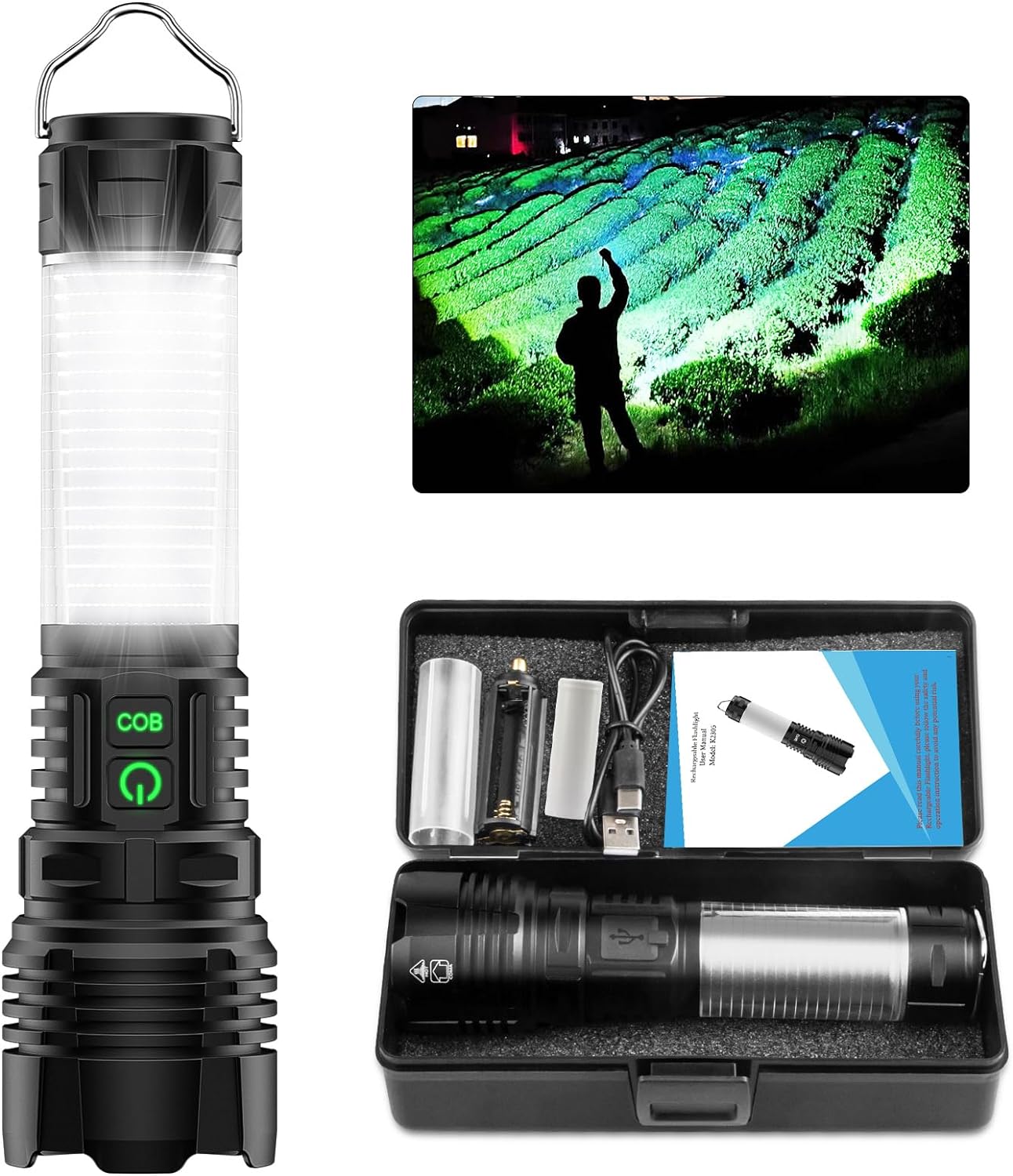 Flashlights 100000 High lumens Rechargeable USB C Flash Light, Spriak Super Bright LED Flashlight- 360°COB Sidelight, Long Beam 3280Ft, IPX5 Waterproof 2-in-1 Lantern Flashlight Powerful for Camping