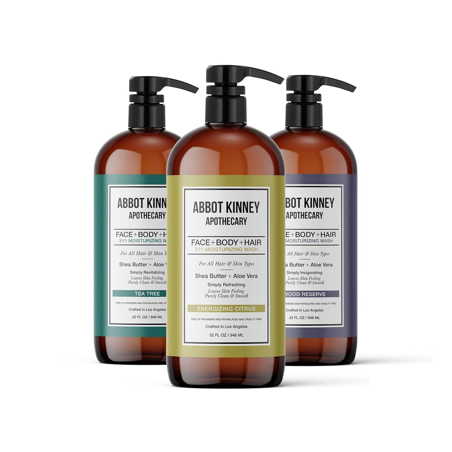 ABBOT KINNEY APOTHECARY Men's 3-in-1 Wash, Moisturizing Shampoo, Conditioner, and Body Wash for Men, Suitable for All Skin and Hair Types, 32oz (Combo Pack, 3 Pack)