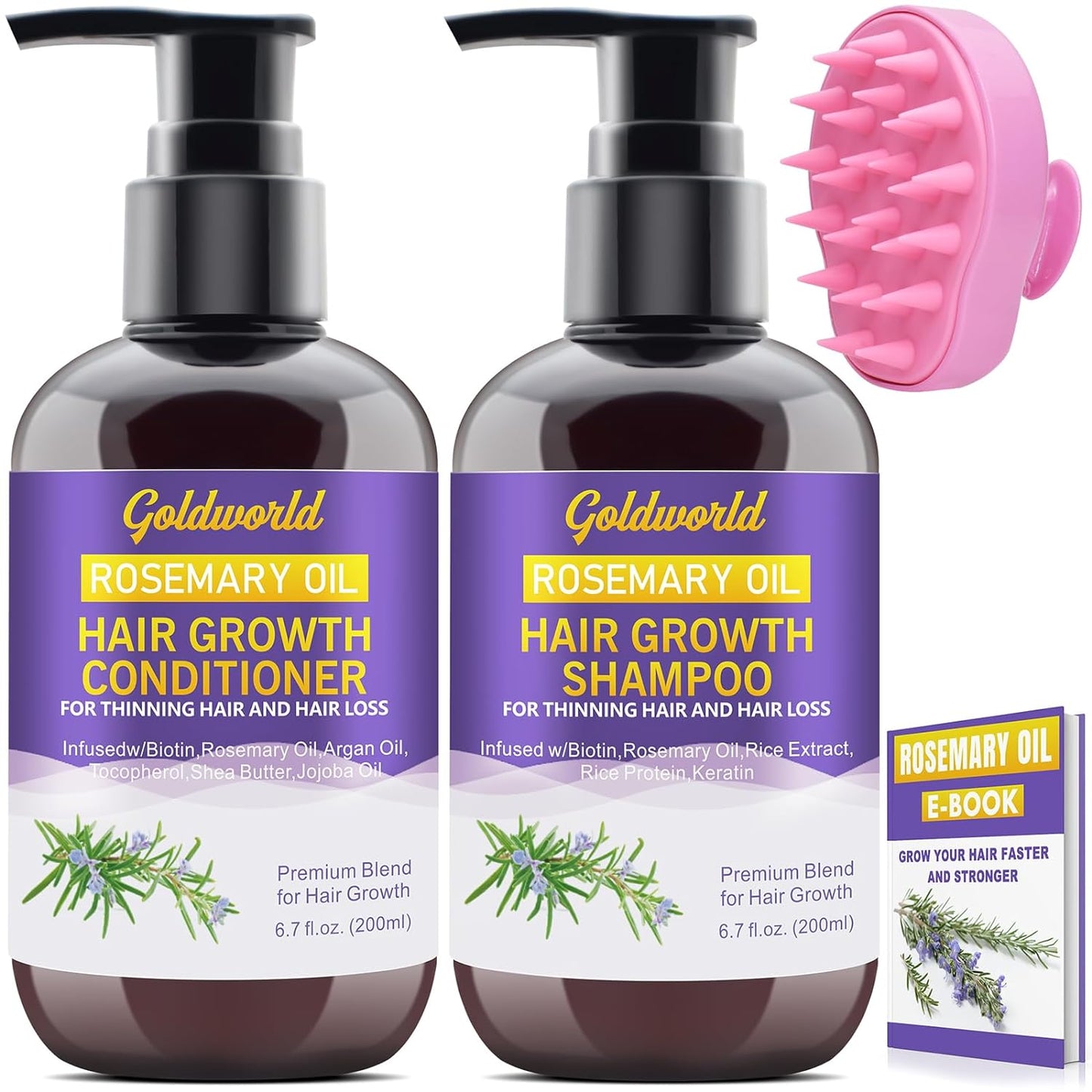 Hair Growth Shampoo & Conditioner Set with Scalp Massager for Hair Loss - Sulfate Free with Rosemary, Keratin & Biotin