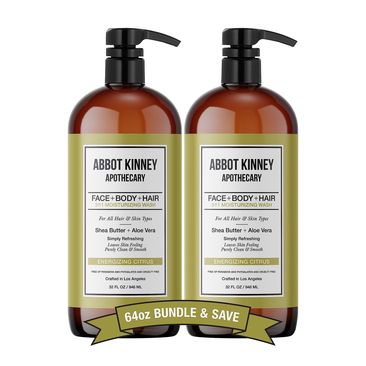 ABBOT KINNEY APOTHECARY Men's 3-in-1 Wash, Moisturizing Shampoo, Conditioner, and Body Wash for Men, Suitable for All Skin and Hair Types, 32oz (Energizing Citrus) – 2 Pack