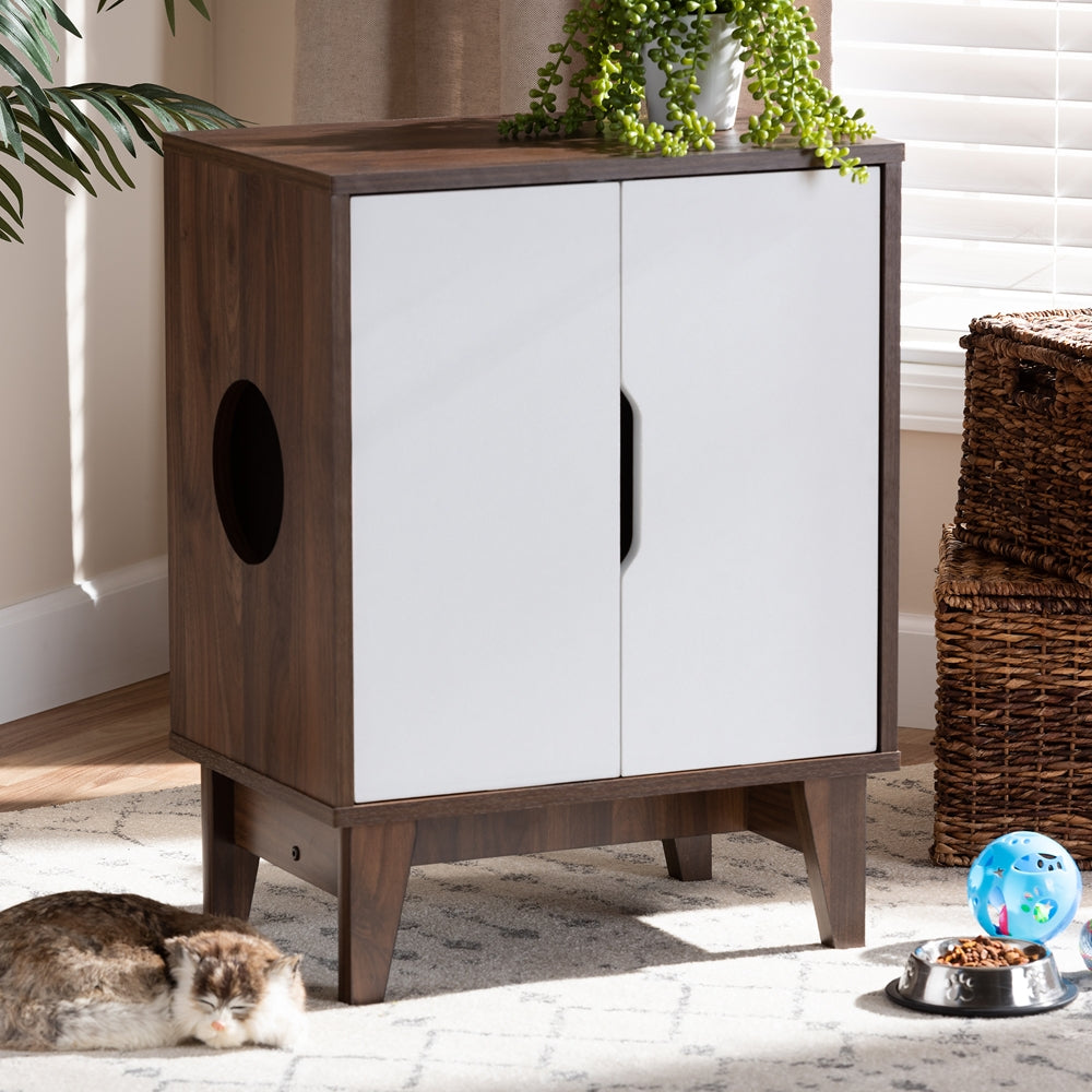Baxton Studio Romy Mid-Century Modern Two-Tone Walnut Brown And White Finished 2-Door Wood Cat Litter Box Cover House