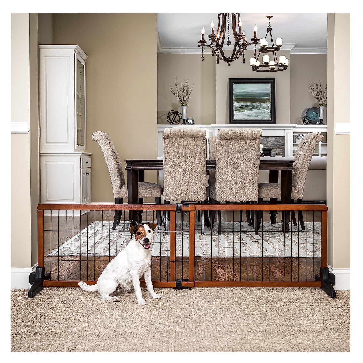 70-Inch Wide Adjustable Freestanding Pet Gate, Premium Wood,Brown