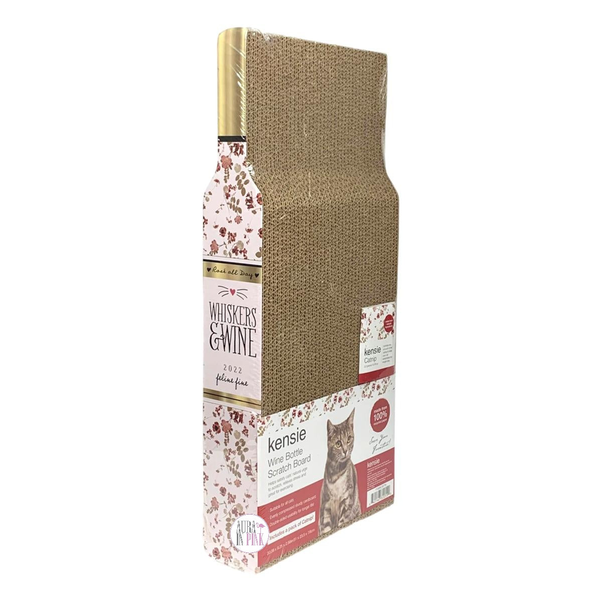 Kensie Whiskers & Wine 2022 Feline Fine Pink Floral Wine Bottle Cat Scratching Board w/Catnip