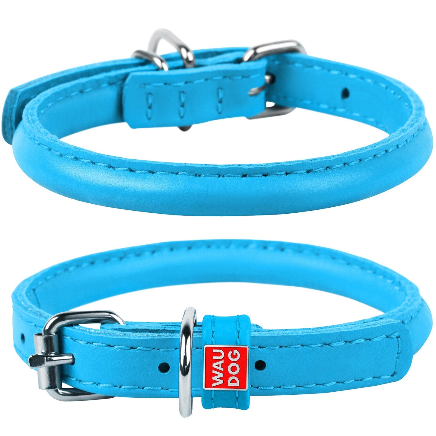 Waudog Leather Round Dog Collar 45-53CM BLUE