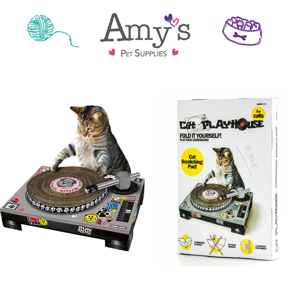 Cardboard DJ turntable scratching cat toy.