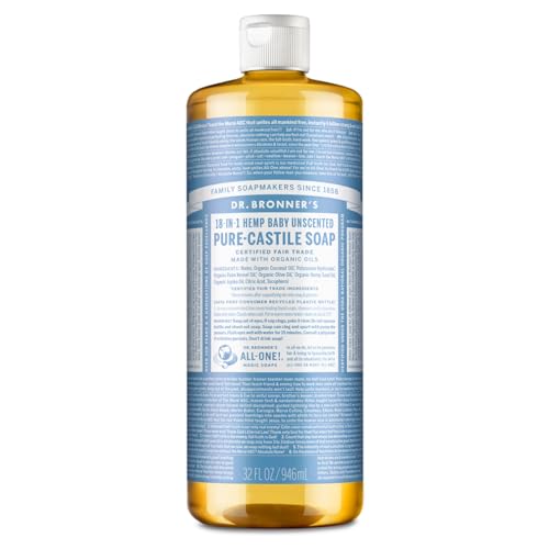Dr. Bronner's - Pure-Castile Liquid Soap (Baby Unscented, 32 Ounce) - Made with Organic Oils, 18-in-1 Uses: Face, Hair, Laundry, Dishes, For Sensitive Skin, Babies, No Added Fragrance, Vegan, Non-GMO