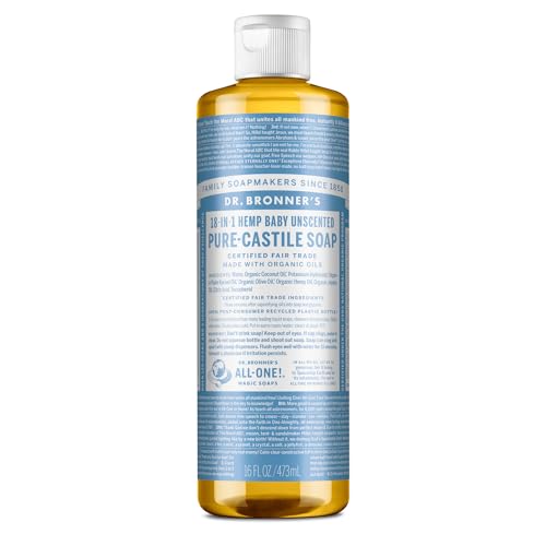 Dr. Bronner's Pure-Castile Liquid Soap, Unscented, 16 Ounce, Made with Organic Oils, 18-in-1 Uses, For Sensitive Skin and Babies, No Added Fragrance, Vegan, Non-GMO
