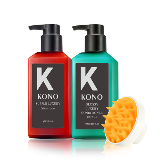 KONO Supple Luxury Shampoo & Glossy Luxury Conditioner Set with Scalp Massager Shampoo Brush