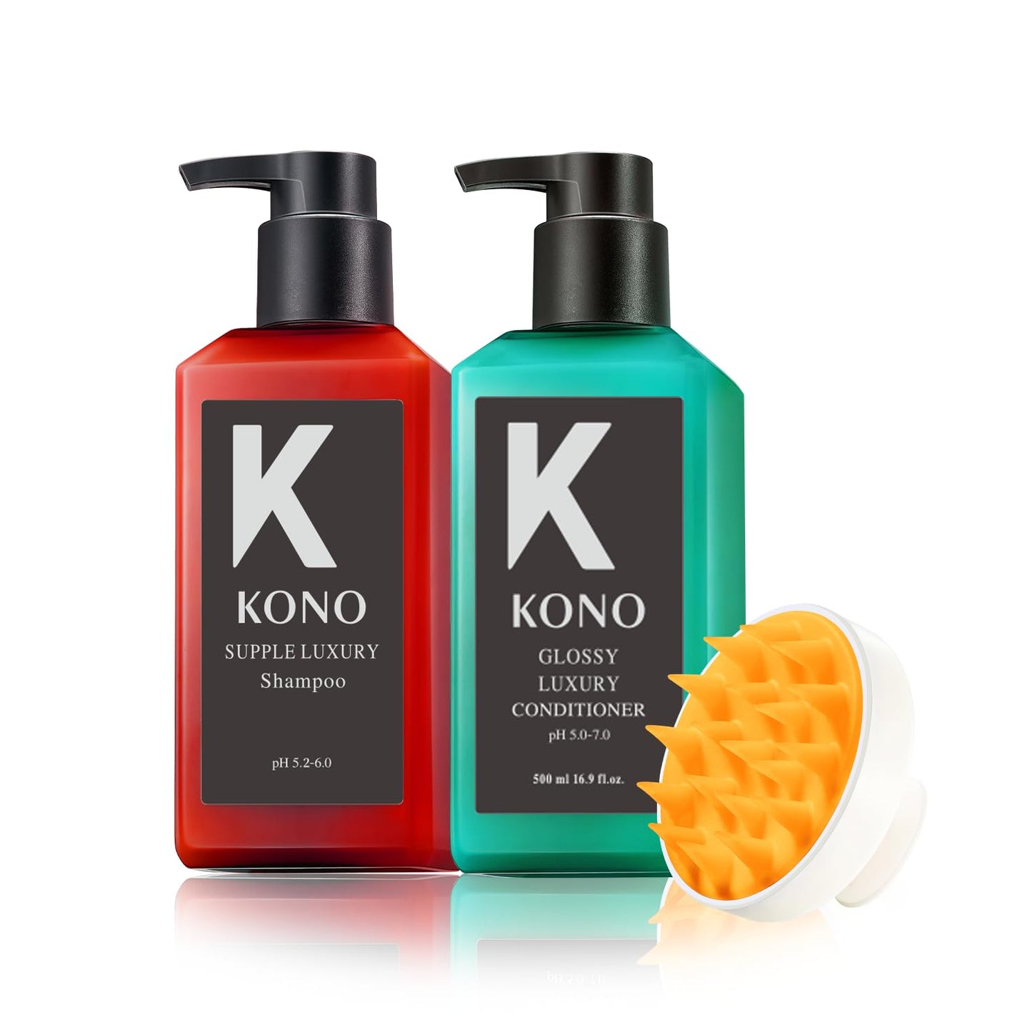 KONO Supple Luxury Shampoo & Glossy Luxury Conditioner Set with Scalp Massager Shampoo Brush