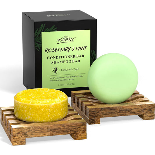 Rosemary Shampoo and Conditioner Bar Set for Hair Growth Solid Shampoo Conditioner Soap for Straight Curly Oily Dry Hair Moisturizing Cleansing Zero Waste 2x80g Soaps 2 Wooden Holder Christmas Gift