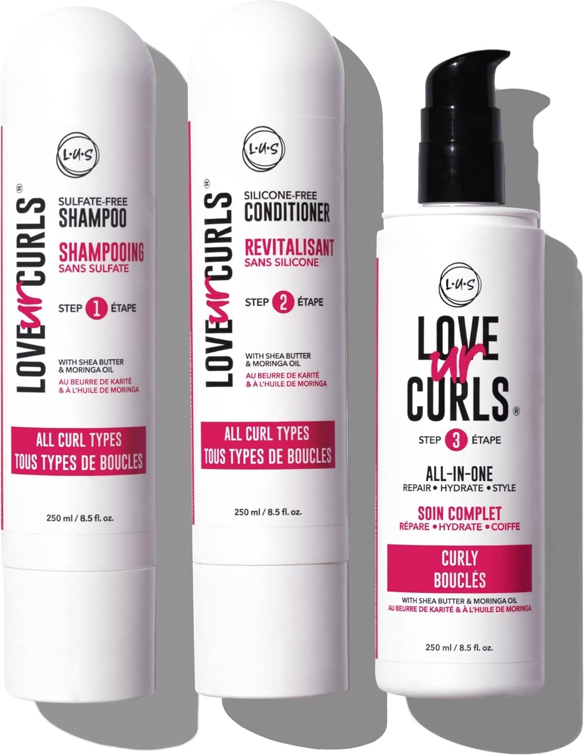 LUS (Love Ur Self) 3-Step System Shampoo and Conditioner Set with All-in-One Styler for Curly Hair Nongreasy & Moisturizing - 8.5oz each