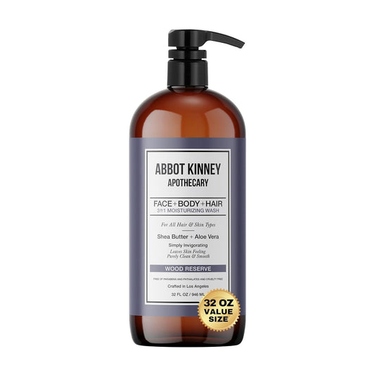ABBOT KINNEY APOTHECARY 3 in 1 Moisturizing Men's Body Wash | Shampoo, Conditioner, & Body Wash for Men | Infused with Shea Butter & Aloe Vera | Paraben-Free, Wood Reserve, 32 Fl Oz