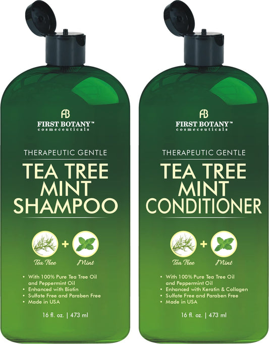First Botany, Mint Shampoo and Conditioner - Pure Peppermint & Tea Tree Oils - Promotes Hair Growth, Fights Loss & Dandruff - Sulfate Free - Men & Women - 16 oz x 2