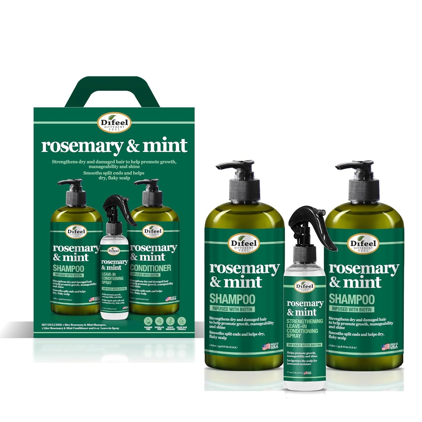 Difeel Rosemary and Mint Biotin Shampoo, Conditioner & Leave in Conditioning Spray 3-PC Gift Set - Shampoo 33.8 oz., Conditioner 33.8 oz. and Leave in Conditioning Spray 6 oz. - Hair Care Gift Set