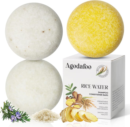 Rice Water Shampoo Bar and Conditioner Set, Hair Growth Rice Water Ginger Shampoo Bars Rosemary Conditioner for Thinning Hair and Hair Loss Ph Balanced, All Hair Types, Men and Women, 6.3oz