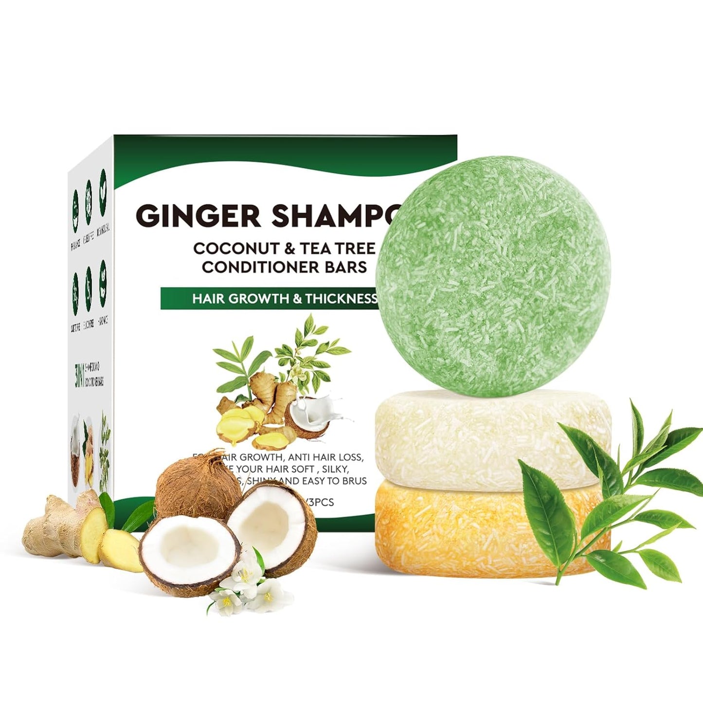 Shampoo Bars and Conditioner Set for Hair Growth, Nature Ginger & Tee Tree Shampoo Bar, Coconut Conditioner Solid Soap for Hair Strengthening, Anti Hair Loss, PH Balanced