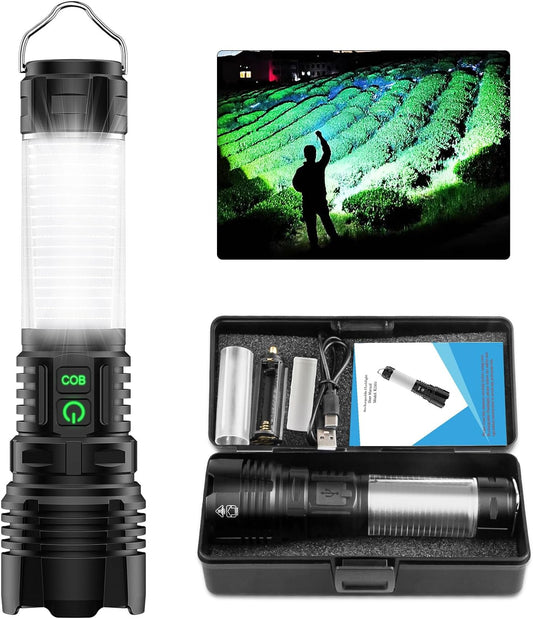 Flashlights 100000 High lumens Rechargeable USB C Flash Light, Spriak Super Bright LED Flashlight- 360°COB Sidelight, Long Beam 3280Ft, IPX5 Waterproof 2-in-1 Lantern Flashlight Powerful for Camping