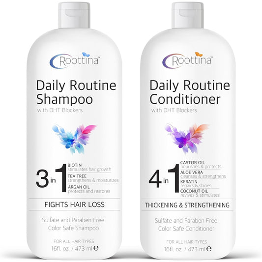 Fights Hair Loss, Roottina Daily Routine Shampoo and Conditioner for Women Hair Loss, Promotes Hair Growth, Hair Thickening Shampoo and Conditioner Set with DHT Blockers, Made in USA (16 fl oz x 2)
