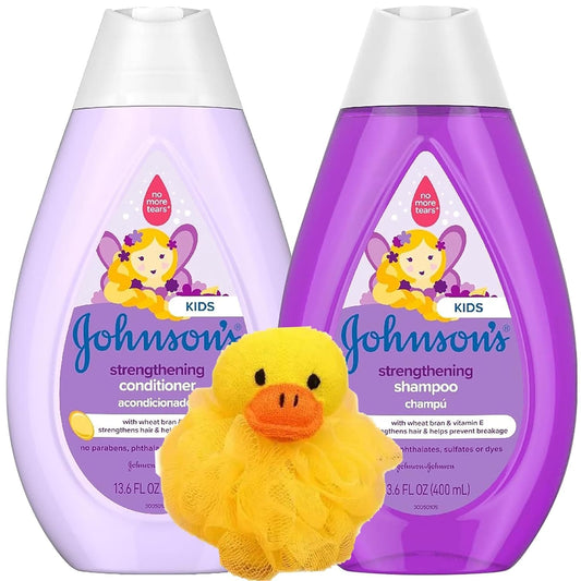 Johnson's Strengthening Tear-Free Kids' Shampoo and Conditioner Set with Vitamin E Strengthens & Helps Prevent Breakage, Hypoallergenic & Gentle on Toddler Hair, 13.6 oz with Bonus Animal Bath Loofah