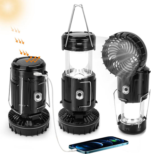 2023 Upgrade Solar Powered Camping Lantern with Fan, Flashlights Charging for Phone, USB Rechargeable & Repalceable Battery Collapsible & Portable for Emergency, Hurricanes, Power Outage, Storm