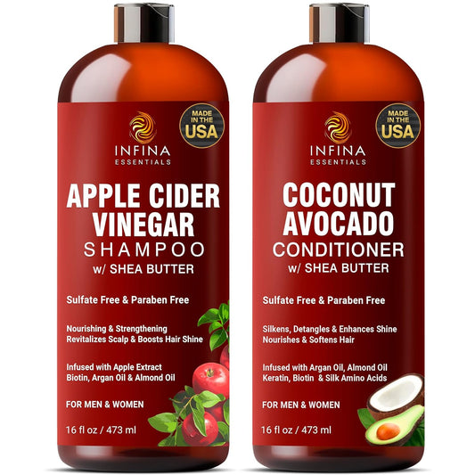 Apple Cider Vinegar Shampoo and Conditioner Set Sulfate Free - Itchy Scalp Shampoo w/Moisturizing Coconut Avocado Conditioner - Restores Hair Shine, Reduces Frizz - For Men and Women, 16 fl oz Each