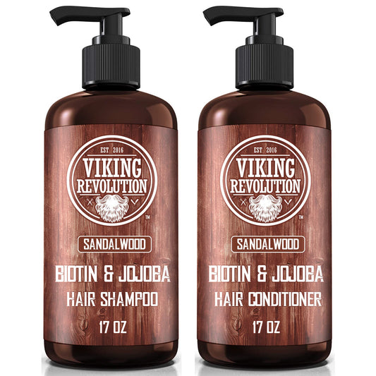 Viking Revolution Sandalwood Shampoo and Conditioner Set with Biotin and Jojoba Oil - Natural Hair Shampoo and Hair Conditioner for Men with Vitamin B5 (17 Oz)