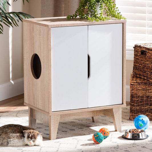 Baxton Studio Romy Mid-Century Modern Two-Tone Oak And White Finished 2-Door Wood Cat Litter Box Cover House